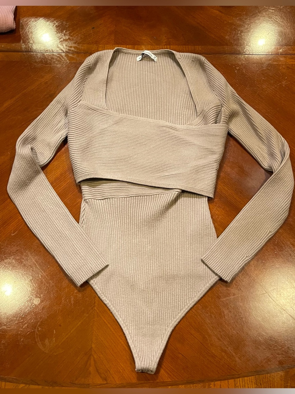 Ribbed Long-Sleeve Tan Bodysuit Top